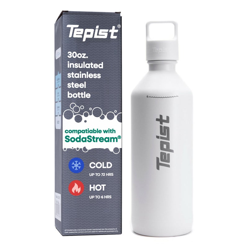 Tepist ThirtyO 30oz Stainless Steel Bottle Compatible with Sodastream Machines  Powder Coated White  Vacuum Sealed  Double Walled  LeakProof  Easy to Carry  Reusable Bottle