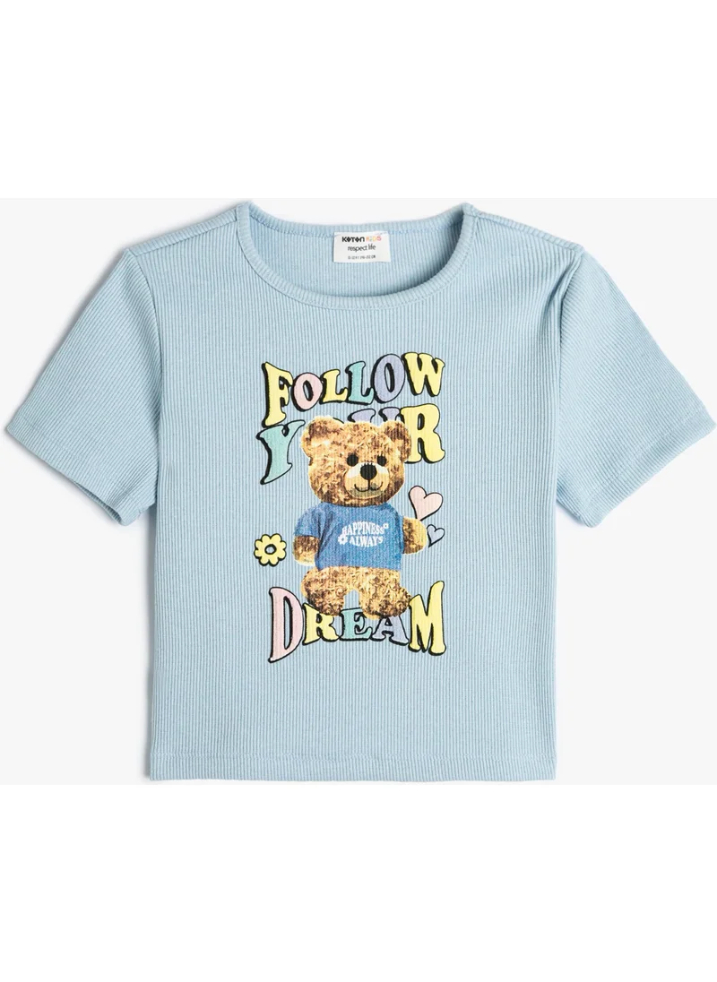 كوتون Crop T-Shirt Short Sleeve Crew Neck Teddy Bear Printed Ribbed