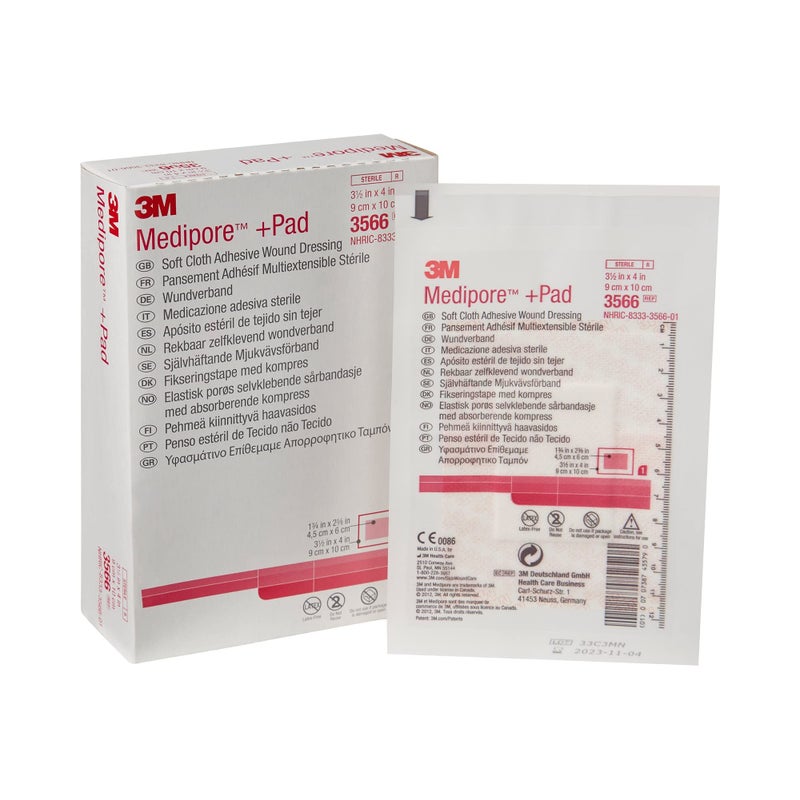 3Mâ„¢ Mediporeâ„¢ +Pad Soft Cloth Adhesive Wound Dressing, 3566, Dressing - 3-1/2 in x 4 in, Pad - 1-3/4 in x 2-3/8 in (Box of 25) - Image 1