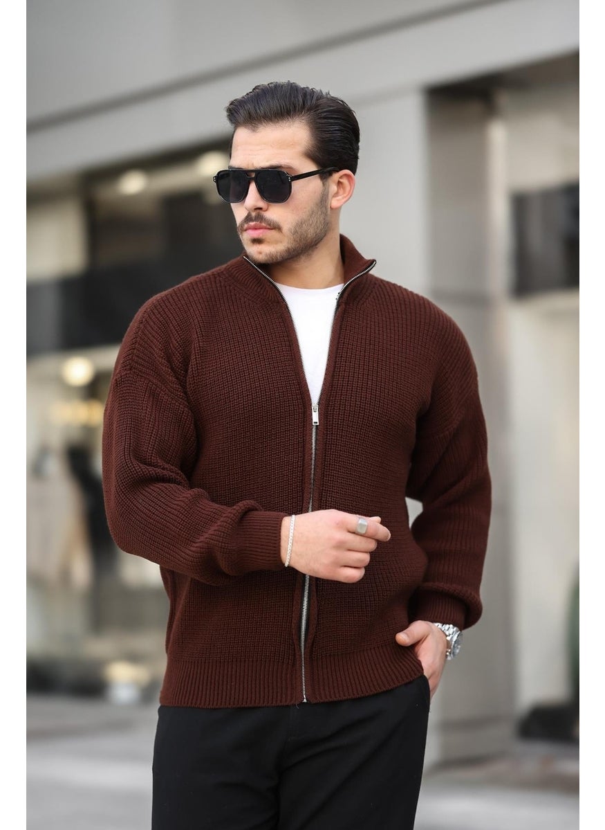 Oversize Selanik Knitted Zippered Men's Cardigan - Brown - pzsku/Z04FD9EA1153CB68497DFZ/45/_/1741192329/7b04234e-ae4c-45b7-9cea-f4ca05ce7139