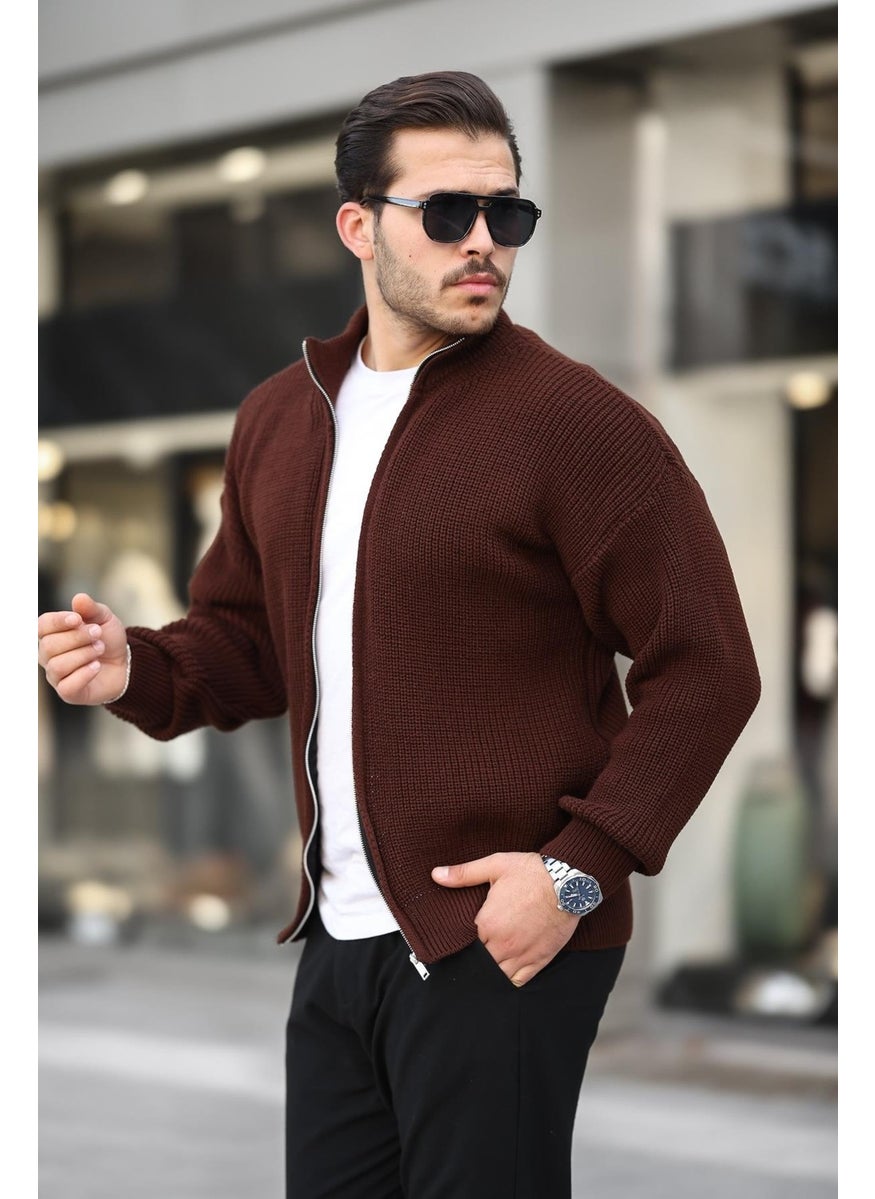 Oversize Selanik Knitted Zippered Men's Cardigan - Brown - pzsku/Z04FD9EA1153CB68497DFZ/45/_/1741192357/97a7f085-a6be-473e-ad99-c579c349ad86