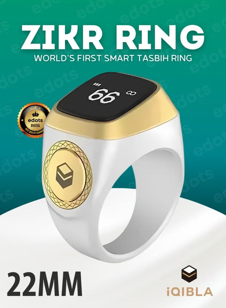iQIBLA Smart Zikr Ring | 22 MM Prayer Counter, Tasbih Counter & Muslim Prayer Time Reminder | Waterproof Wearable Technology | White - Image 1
