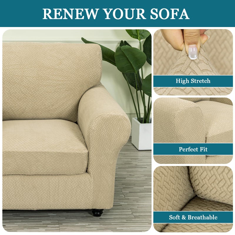 FUANGUI 2 Piece Chair Covers Stretch Arm Covers Chair Couch Covers, Armchair Slipcover with Separate Chair Cushion Cover, Floral Washable Chair Protector for Living Room (Armchair, Khaki) - Image 3