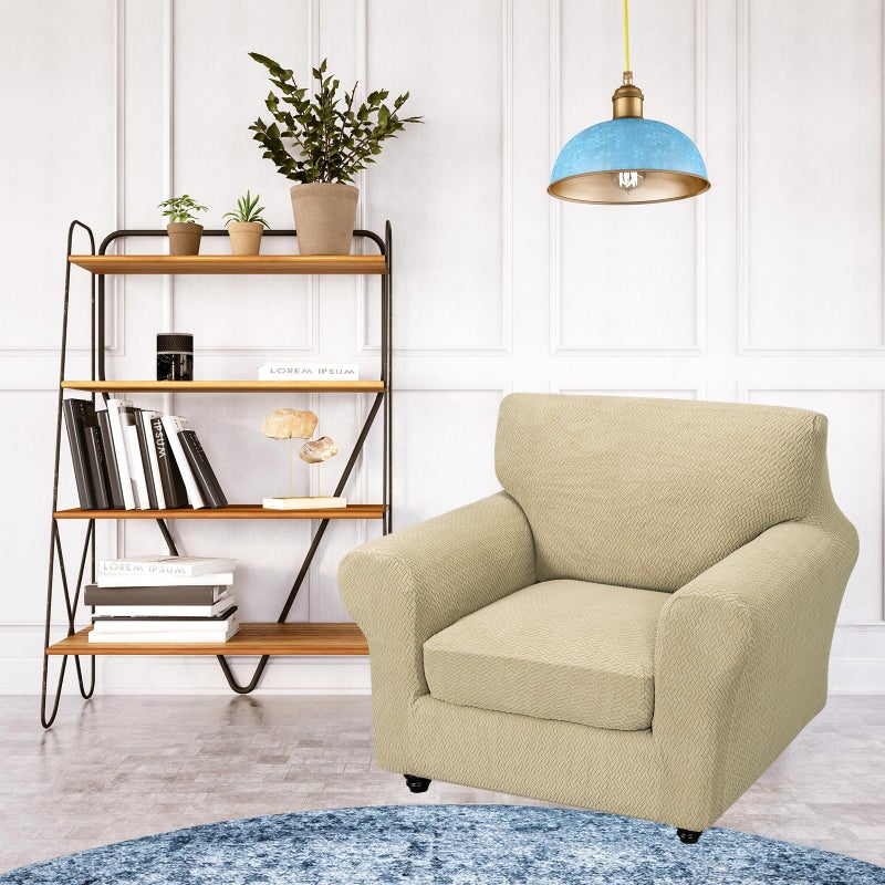 FUANGUI 2 Piece Chair Covers Stretch Arm Covers Chair Couch Covers, Armchair Slipcover with Separate Chair Cushion Cover, Floral Washable Chair Protector for Living Room (Armchair, Khaki) - Image 2