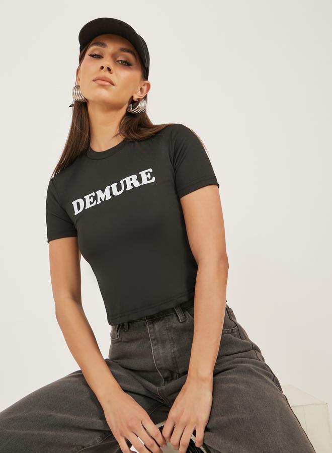 Styli Slogan Print Round Neck Crop T-Shirt  - Image 1
