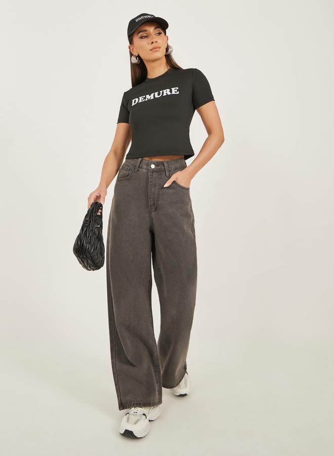 Styli Slogan Print Round Neck Crop T-Shirt  - Image 2