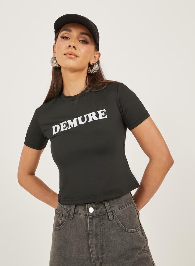Styli Slogan Print Round Neck Crop T-Shirt  - Image 3