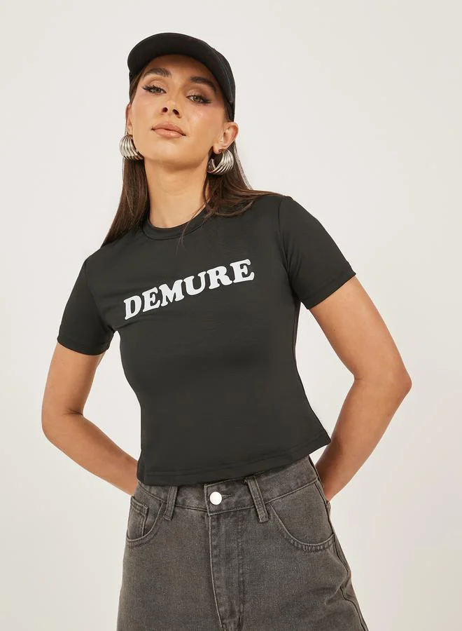 Slogan Print Round Neck Crop T-Shirt