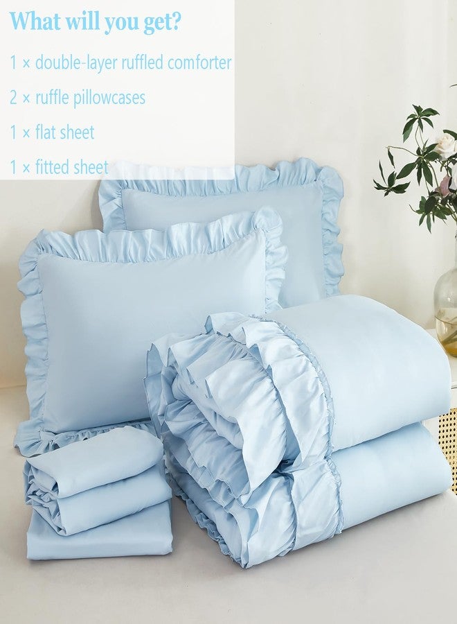 ANGIYUIN 5Pcs Blue Ruffle King Size Bed in A Bag for Women Farmhouse Bedding Comforter Set Fluffy Lightweight Comforter Set with Sheets(Light Blue King) - Image 5