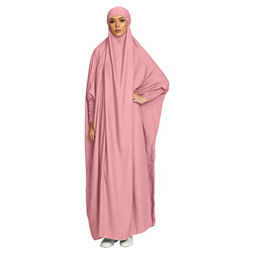 khalat Women's Solid Abaya Muslim Dress One-Piece Full Length Prayer Robe Overall Hijab Thobe Hooded Abaya Dress Pink - Image 1