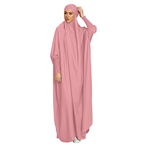 khalat Women's Solid Abaya Muslim Dress One-Piece Full Length Prayer Robe Overall Hijab Thobe Hooded Abaya Dress Pink - Image 2