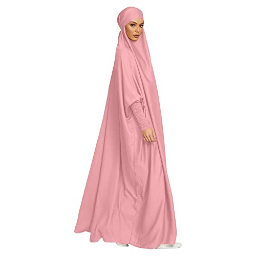 khalat Women's Solid Abaya Muslim Dress One-Piece Full Length Prayer Robe Overall Hijab Thobe Hooded Abaya Dress Pink - Image 3
