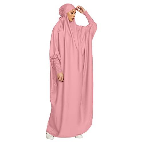 khalat Women's Solid Abaya Muslim Dress One-Piece Full Length Prayer Robe Overall Hijab Thobe Hooded Abaya Dress Pink - Image 4