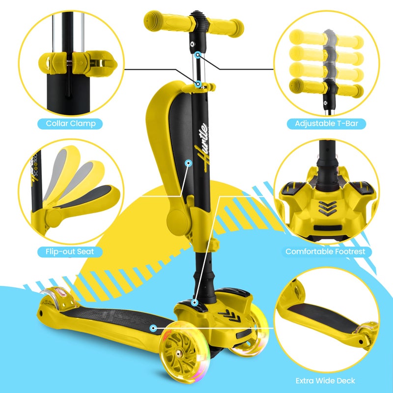Hurtle 3 Wheeled Scooter for Kids - 2-in-1 Sit/Stand Child Toddlers Toy Kick Scooters w/ Flip-out Seat, Adjustable Height, Flashing Wheel Lights, Great for Indoor/Outdoor Fun, Yellow - Image 3