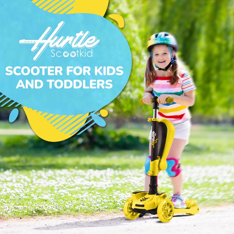 Hurtle 3 Wheeled Scooter for Kids - 2-in-1 Sit/Stand Child Toddlers Toy Kick Scooters w/ Flip-out Seat, Adjustable Height, Flashing Wheel Lights, Great for Indoor/Outdoor Fun, Yellow - Image 2