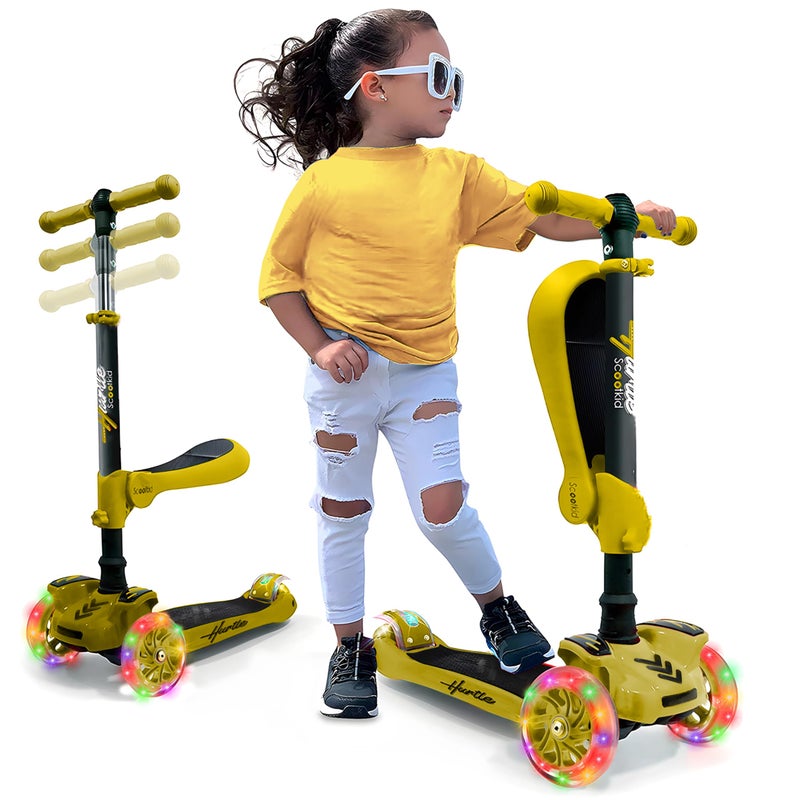 Hurtle 3 Wheeled Scooter for Kids - 2-in-1 Sit/Stand Child Toddlers Toy Kick Scooters w/ Flip-out Seat, Adjustable Height, Flashing Wheel Lights, Great for Indoor/Outdoor Fun, Yellow - Image 1