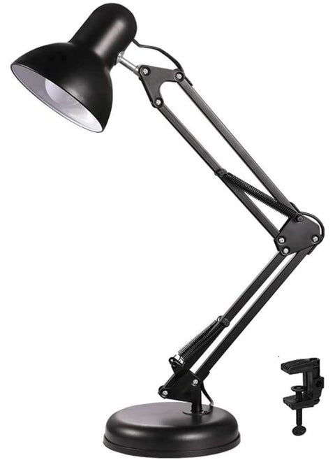 Metal Swing Arm Desk Lamp Interchangeable Base Or Clamp Classic Architect Clip On Study Table Lamp Multi Joint Adjustable Arm Black Finish including Energy Saving LED Bulb (Black)