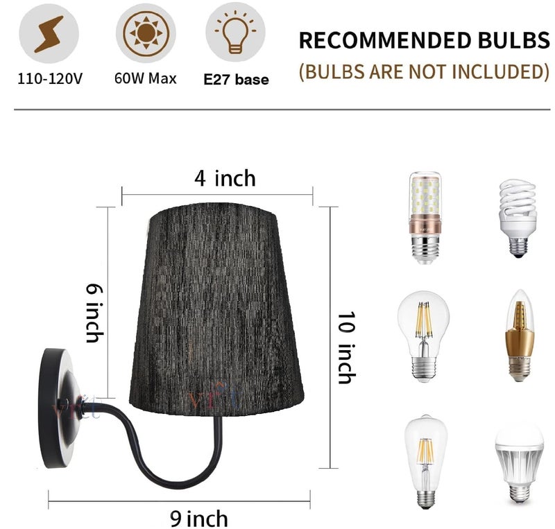 VRCT Wall Sconce with Fabric Shades Indoor Wall Lamp Industrial Wall Light Bathroom Vanity Light Fixture Black Sconces Wall Lighting for Bedroom Living Room Kitchen Pack of 1 Black - Image 4
