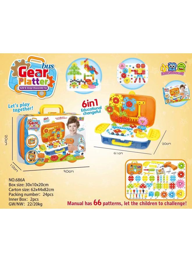 Electric Drill Screw Jigsaw 3D Three-dimensional Mushroom Nail Platter Children's Early Education Disassembly Building Blocks Toy-Color:686A (English) Bus Gear Portable Platter - Image 1