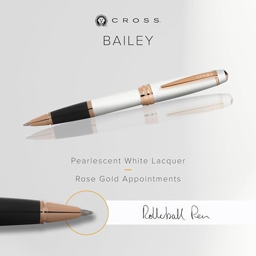 Cross Bailey White & Rose Gold Refillable Rollerball Pen – Medium Point, Black Ink, Presented in a Premium Gift Box - Image 2