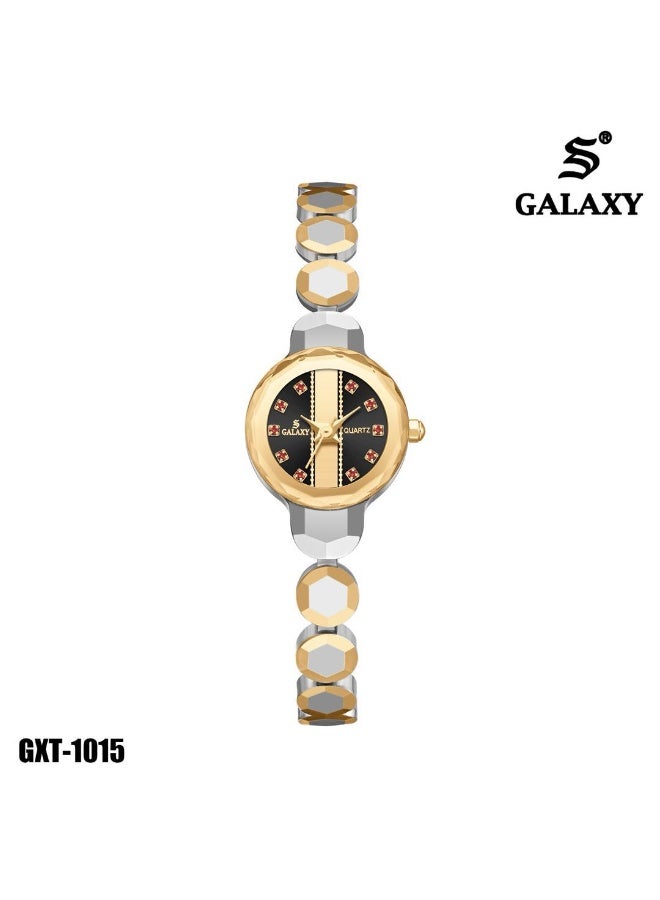 جالاكسي ساعة يد نسائية GALAXY GXT-1015 كوارتز عقارب بلونين فضي وذهبي مع ميناء أسود/ذهبي وسوار حلقي