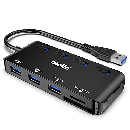 atolla USB SD Card Reader, atolla USB Hub with SD/Micro SD Card Reader, USB Splitter with 3 USB Ports, 2 Card Slots and Individual LED Power Switches - Image 1