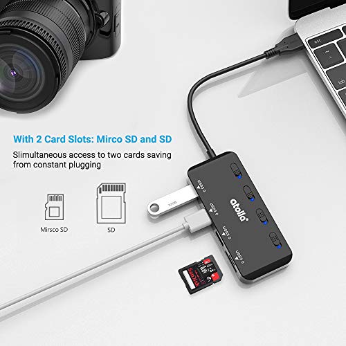 atolla USB SD Card Reader, atolla USB Hub with SD/Micro SD Card Reader, USB Splitter with 3 USB Ports, 2 Card Slots and Individual LED Power Switches - Image 4