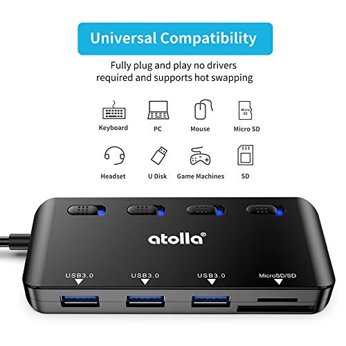 atolla USB SD Card Reader, atolla USB Hub with SD/Micro SD Card Reader, USB Splitter with 3 USB Ports, 2 Card Slots and Individual LED Power Switches - Image 2
