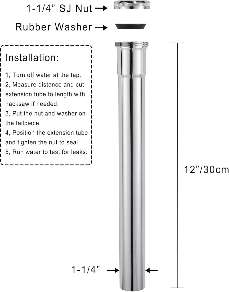 Fipoque Brass Slip Joint Extension Tube 1-1/4” OD x 12” with Nut and Rubber Washer, P Trap Extension Tube, Sink Drain Tailpiece Tube Extension, Polished Chrome - Image 4