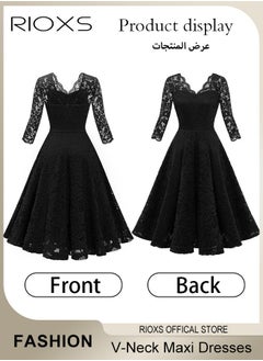 RIOXS Women's Elegant V Neck Lace Dress Three Quarter Sleeves Floral High Waist Vintage Floral Lace Swing Midi Bridesmaid Dresses For Wedding Cocktail Formal Party And Special Occasions  - Image 4