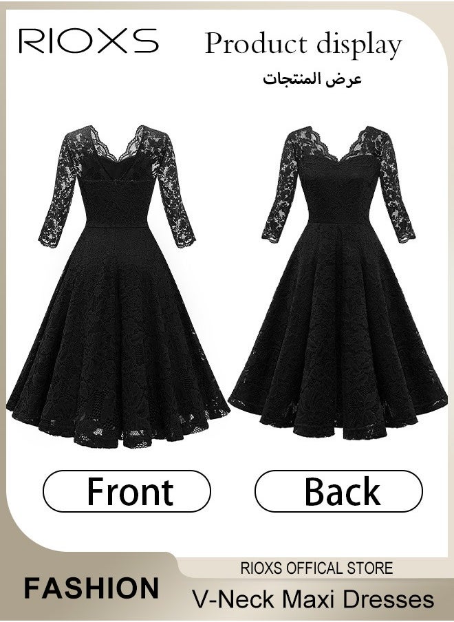 RIOXS Women's Elegant V Neck Lace Dress Three Quarter Sleeves Floral High Waist Vintage Floral Lace Swing Midi Bridesmaid Dresses For Wedding Cocktail Formal Party And Special Occasions  - Image 4
