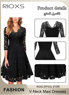 RIOXS Women's Elegant V Neck Lace Dress Three Quarter Sleeves Floral High Waist Vintage Floral Lace Swing Midi Bridesmaid Dresses For Wedding Cocktail Formal Party And Special Occasions  - Image 3