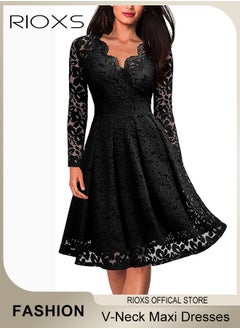 RIOXS Women's Elegant V Neck Lace Dress Three Quarter Sleeves Floral High Waist Vintage Floral Lace Swing Midi Bridesmaid Dresses For Wedding Cocktail Formal Party And Special Occasions  - Image 1