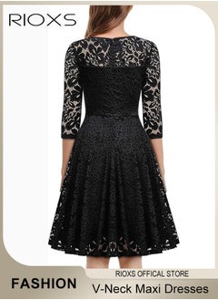 RIOXS Women's Elegant V Neck Lace Dress Three Quarter Sleeves Floral High Waist Vintage Floral Lace Swing Midi Bridesmaid Dresses For Wedding Cocktail Formal Party And Special Occasions  - Image 2