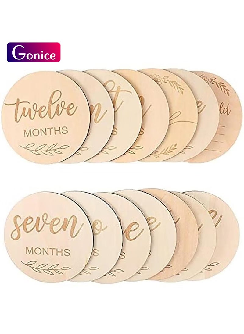 Gonice 14 Piece Wooden Baby Monthly Milestone Photo Cards, Baby Announcement Cards, Baby Milestone Discs for Newborn Baby Shower Gifts  - Image 1