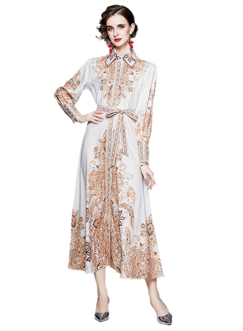New retro printed long sleeve waist long skirt shirt dress - Image 1