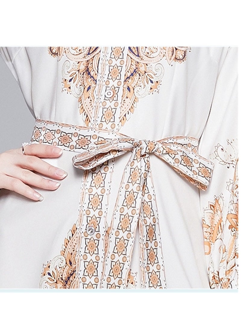 New retro printed long sleeve waist long skirt shirt dress - Image 5