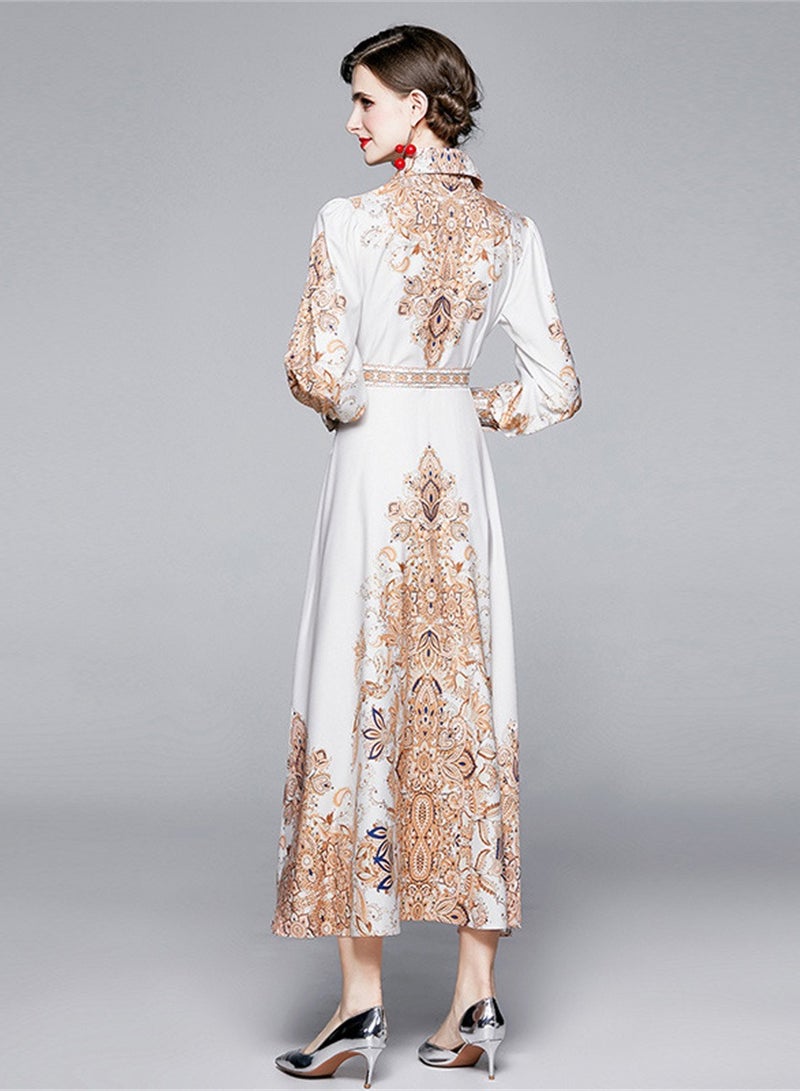 New retro printed long sleeve waist long skirt shirt dress - Image 3