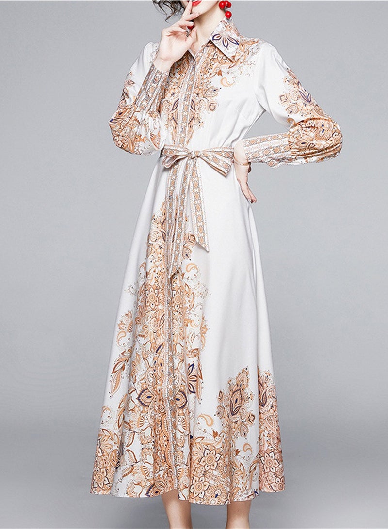 New retro printed long sleeve waist long skirt shirt dress - Image 4