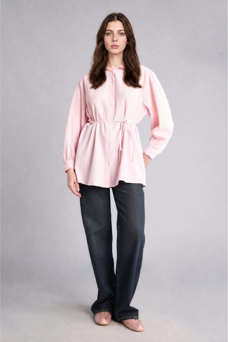 DeFacto Pink Woman Relax Fit Crinkle Fabric Long Sleeve Tunic Casual - Image 2