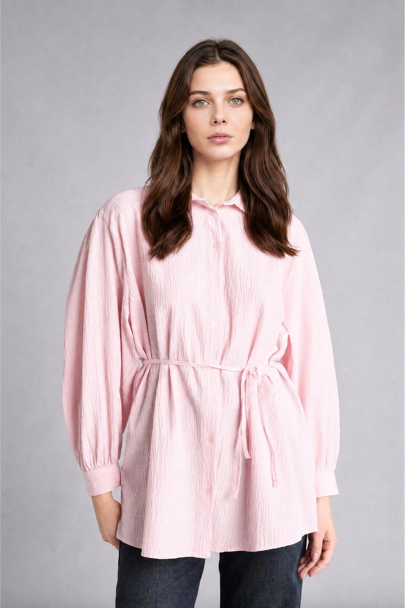 DeFacto Pink Woman Relax Fit Crinkle Fabric Long Sleeve Tunic Casual - Image 3