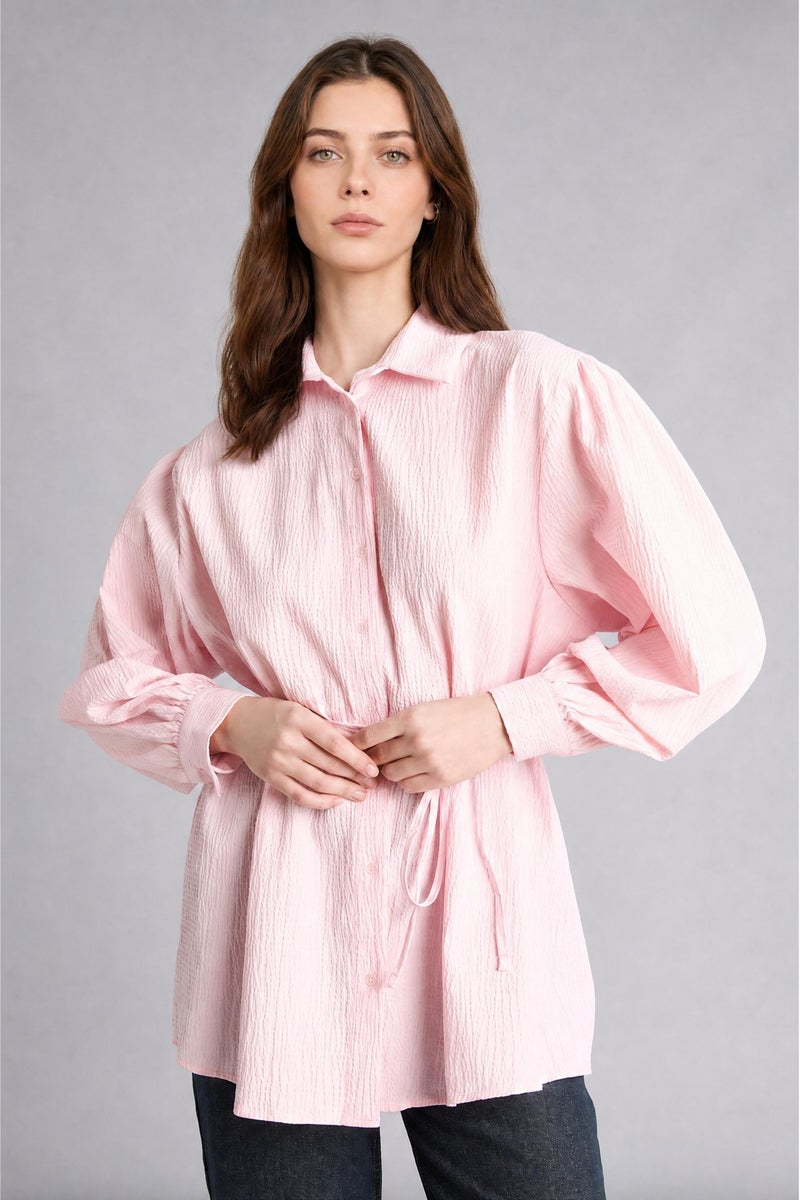 DeFacto Pink Woman Relax Fit Crinkle Fabric Long Sleeve Tunic Casual - Image 1