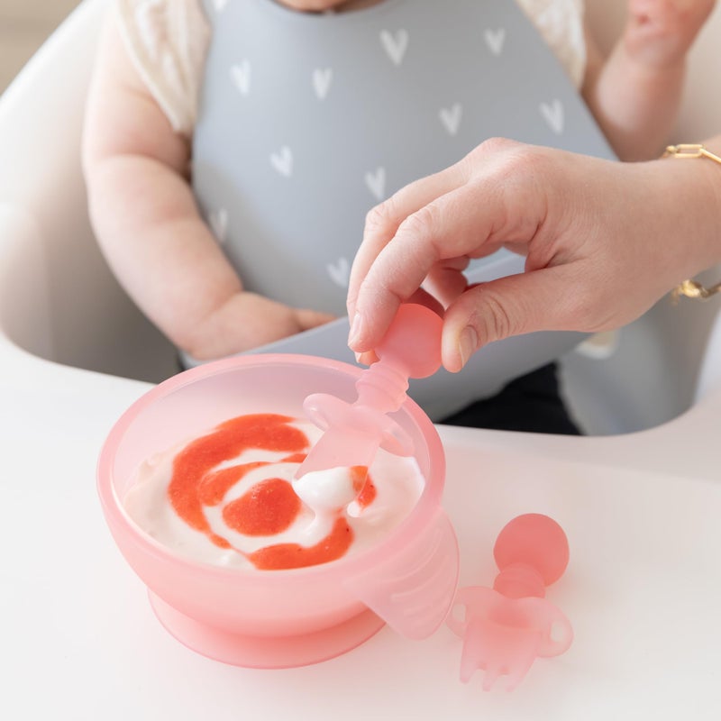 Bumkins Baby Utensils Set, Chewtensils Silicone Spoons for Dipping, Self-Feeding, Baby Led Weaning, Trainer Learning, First Stage Eating, Soft Practice Fork and Spoon, Babies 6 Months, Pink Jelly - Image 3
