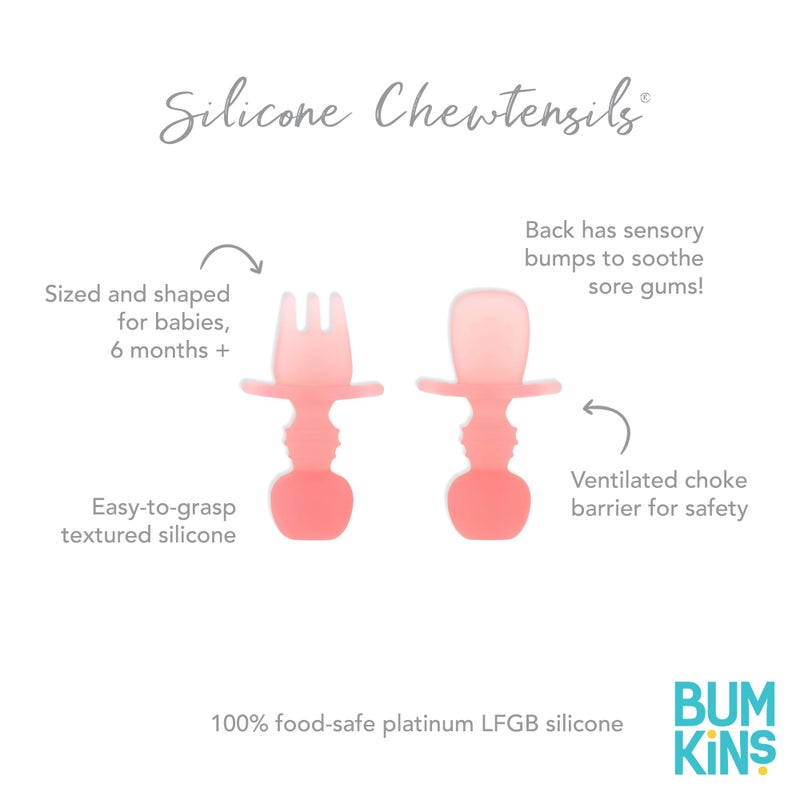 Bumkins Baby Utensils Set, Chewtensils Silicone Spoons for Dipping, Self-Feeding, Baby Led Weaning, Trainer Learning, First Stage Eating, Soft Practice Fork and Spoon, Babies 6 Months, Pink Jelly - Image 5
