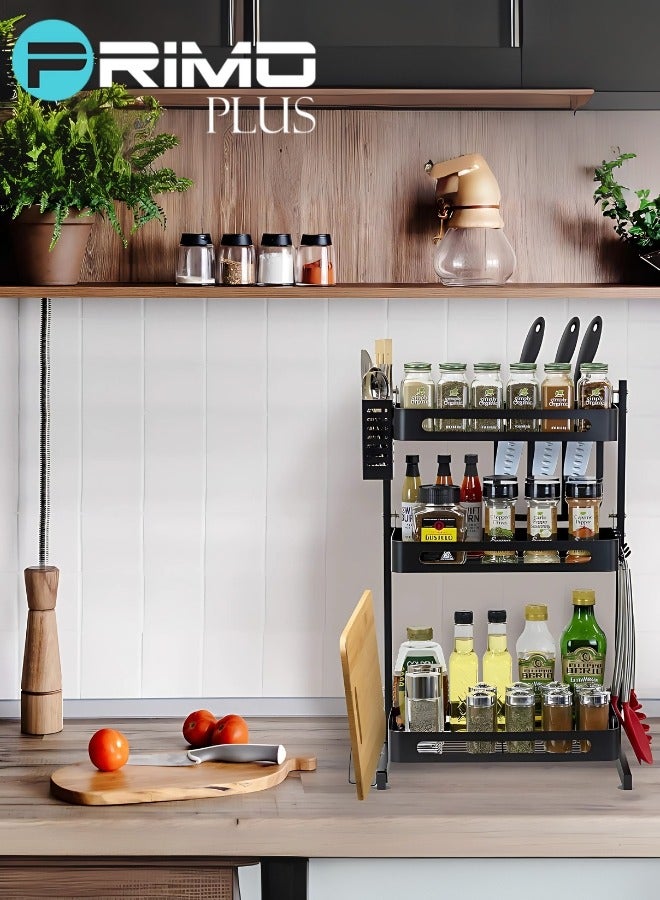 بريمو بلس رف توابل، منظم توابل للمطبخ من 3 طبقات، رف كبير مع حامل سكاكين ولوح تقطيع و4 خطافات، حامل توابل لسطح المطبخ، باللون الأسود - Image 2
