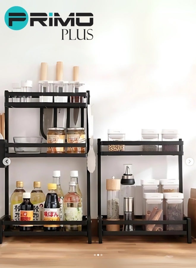 بريمو بلس رف توابل، منظم توابل للمطبخ من 3 طبقات، رف كبير مع حامل سكاكين ولوح تقطيع و4 خطافات، حامل توابل لسطح المطبخ، باللون الأسود - Image 3