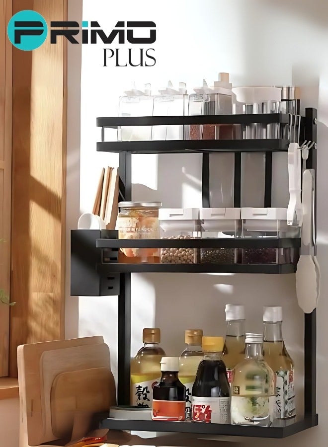 بريمو بلس رف توابل، منظم توابل للمطبخ من 3 طبقات، رف كبير مع حامل سكاكين ولوح تقطيع و4 خطافات، حامل توابل لسطح المطبخ، باللون الأسود - Image 5