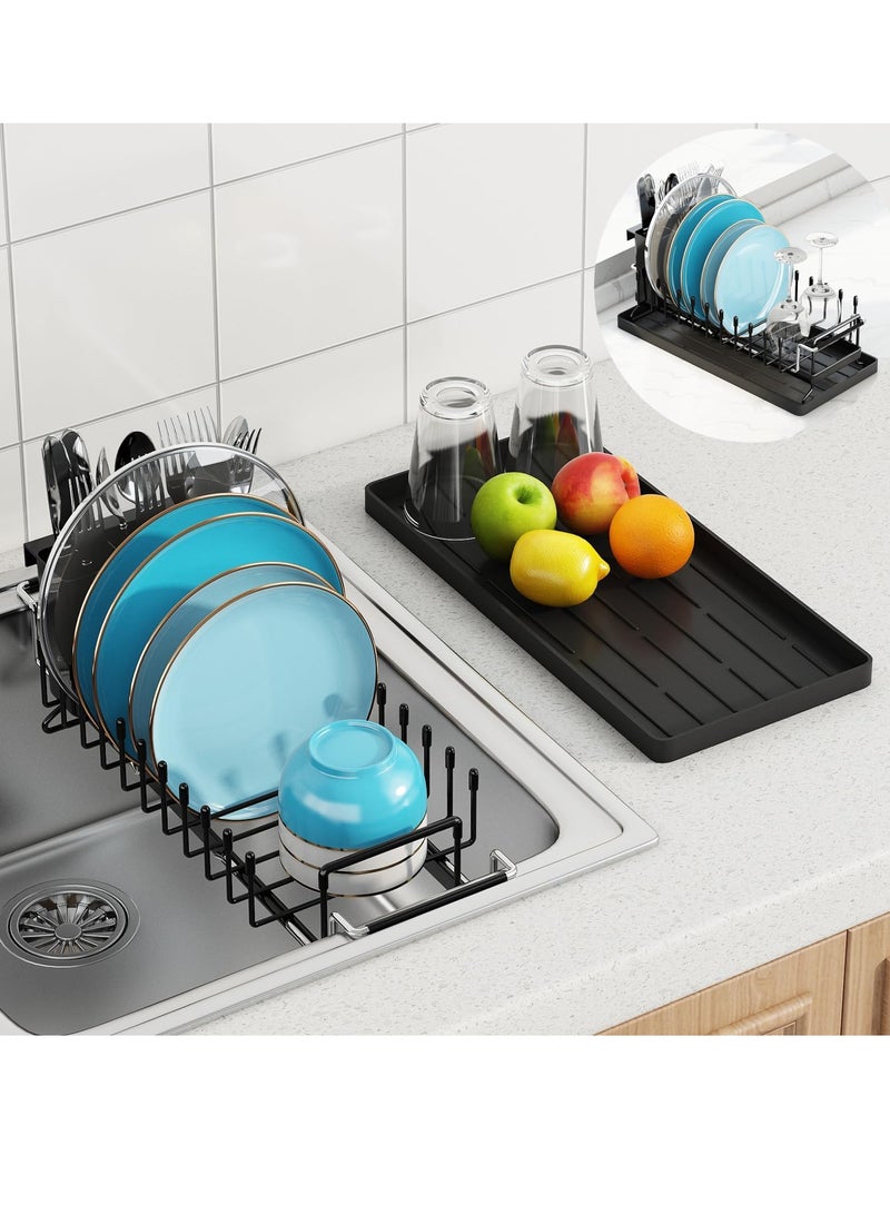 كيلا رف تجفيف الأطباق بالحوض، رف أطباق صغير قابل للتمدد فوق الحوض مع صينية تجفيف من السيليكون، مصفاة أطباق بالحوض لطاولة المطبخ مع حامل أدوات مائدة، رف تجفيف مناسب لحوض المطبخ مقاس 14-19 بوصة - Image 1