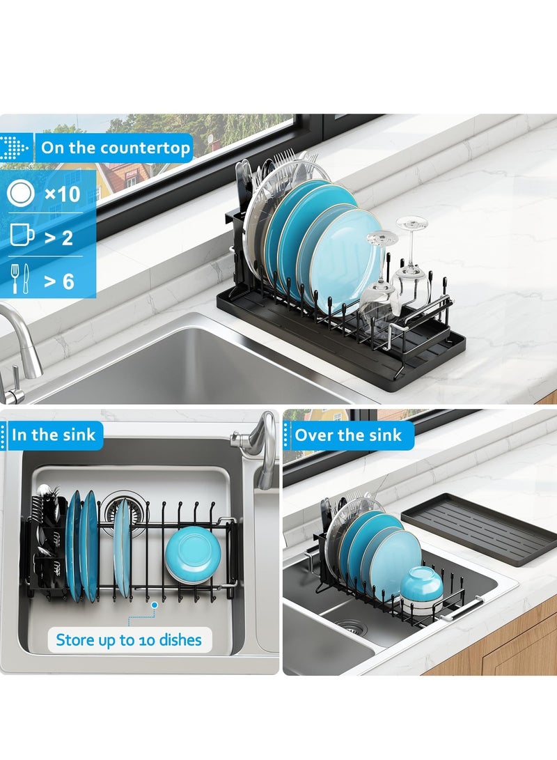 كيلا رف تجفيف الأطباق بالحوض، رف أطباق صغير قابل للتمدد فوق الحوض مع صينية تجفيف من السيليكون، مصفاة أطباق بالحوض لطاولة المطبخ مع حامل أدوات مائدة، رف تجفيف مناسب لحوض المطبخ مقاس 14-19 بوصة - Image 2