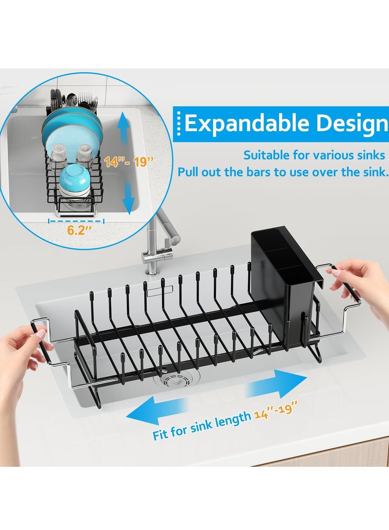 كيلا رف تجفيف الأطباق بالحوض، رف أطباق صغير قابل للتمدد فوق الحوض مع صينية تجفيف من السيليكون، مصفاة أطباق بالحوض لطاولة المطبخ مع حامل أدوات مائدة، رف تجفيف مناسب لحوض المطبخ مقاس 14-19 بوصة - Image 3
